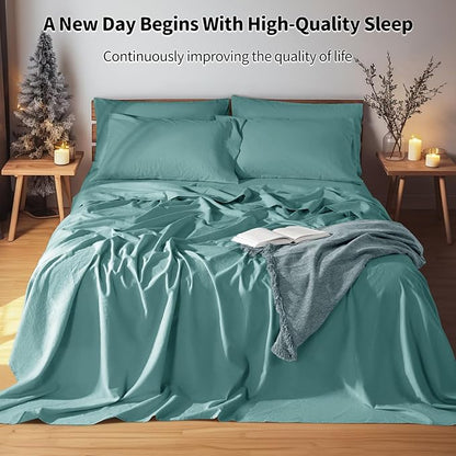 LBRO2M 100% Pure Linen Sheet Set Deep Pocket Up to 16" Bed Sheets Sets, Natural Flax Beddings Soft, Breathable, Comfortable for All Seasons 6 Pcs Sheet Set Queen Size, Aqua