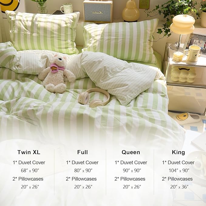 EAVD Green Striped Duvet Cover King Soft Washed Microfiber Chic Vertical Striped Bedding Set with 2 Pillowcases Reversible Farmhouse Geometric Duvet Cover with Zipper Closure