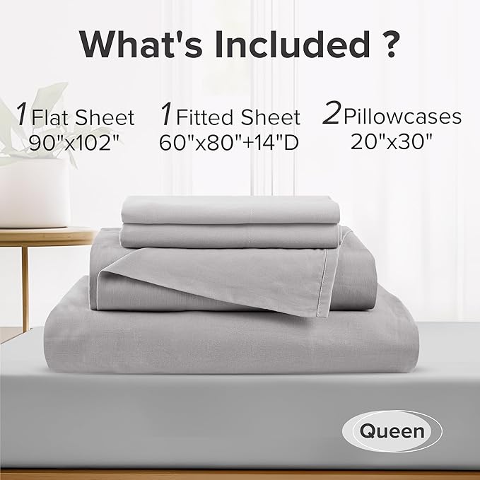 Comfort Spaces 100% Cotton Sheet Set Breathable, Lightweight, Soft with 14" Elastic Pocket Fits up to 16" Mattress, All Season Cozy Bedding, Matching Pillow Case, Queen Grey 4 Piece