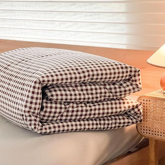 NSNLGSGC King Size Comforter Set, Mocha Gingham Bedding Comforter Sets, Dark Brown Grid Bed Comforter 3 Pieces (1 Comforter, 2 Pillowcases)