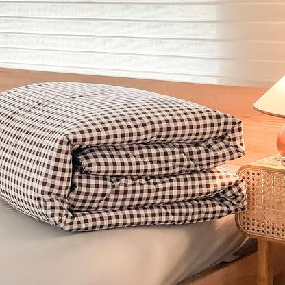 NSNLGSGC Queen Comforter Set, Mocha Gingham Bedding Comforter Sets, Dark Brown Grid Bed Comforter 3 Pieces (1 Comforter, 2 Pillowcases)