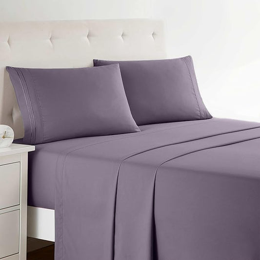 Clara Clark Full XL Bed Sheet Set - Wrinkle, Fade, Stain Resistant, Deep Pocket Sheets - Luxury Soft Bedding Sheets & Pillowcases, Full XL Grayish Purple