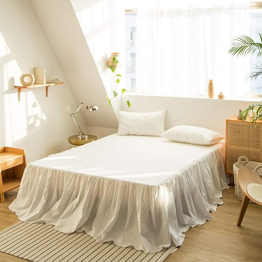 BISELINA French Linen Bed Skirt with Pleated Frills 22-Inch Tailored Drop Natural Flax Cotton Blend Dust Ruffle Soft Cozy Farmhouse Bedding (22" Twin, White)