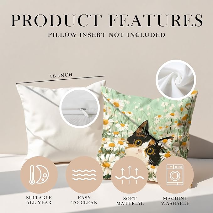Calico Cat Daisy Throw Pillow Covers 18x18,Gifts for Cat Lovers,Boho Floral Cat Pillowcases, Aesthetic Spring Decor for Dorm Bedroom Office