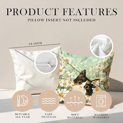 Calico Cat Daisy Throw Pillow Covers 18x18,Gifts for Cat Lovers,Boho Floral Cat Pillowcases, Aesthetic Spring Decor for Dorm Bedroom Office