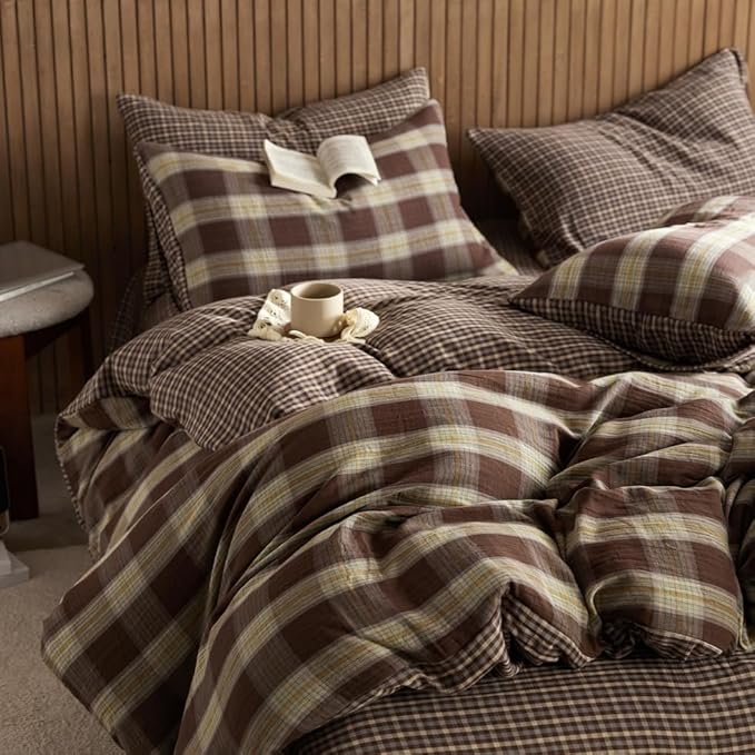 EAVD Vintage Coffee Gingham Comforter Set Twin XL Soft 100% Muslin Cotton Chic Shabby Yellow Green Grid Checkered Pattern Bedding Set with 2 Pillowcases Reversible Farmhouse Plaid Comforter Set