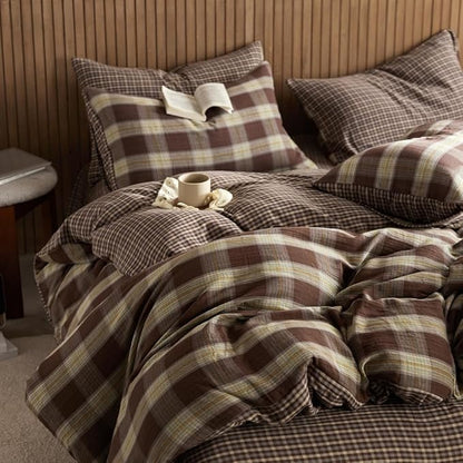 EAVD Vintage Coffee Gingham Comforter Set Twin XL Soft 100% Muslin Cotton Chic Shabby Yellow Green Grid Checkered Pattern Bedding Set with 2 Pillowcases Reversible Farmhouse Plaid Comforter Set