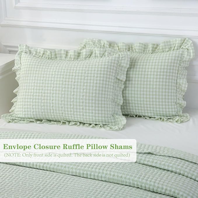 Pile Green White Ruffle Gingham Quilt Set Queen Size with Pillow Shams, 100% Washed Cotton Yarn-Dyed Quilted Bedspread Bedding Set (Pile Green, Queen)
