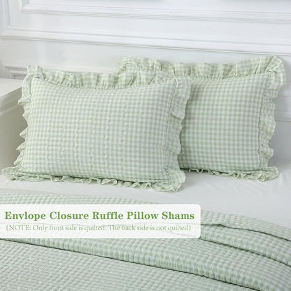 Pile Green White Ruffle Gingham Quilt Set Queen Size with Pillow Shams, 100% Washed Cotton Yarn-Dyed Quilted Bedspread Bedding Set (Pile Green, Queen)