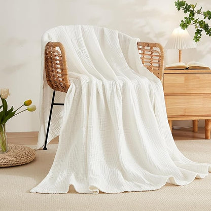 EMME Cotton Muslin Twin Blanket Breathable Gauze Soft Lightweight Adults Gifts for Women (White,60"x80")