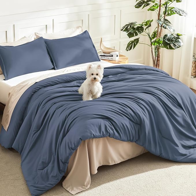 Litanika Comforters Bluish Grey King Size, 3 Pieces Lightweight Solid Bedding Set & Collections, All Season Fluffy Bed Set (104x90In Comforter & 2 Pillowcases)