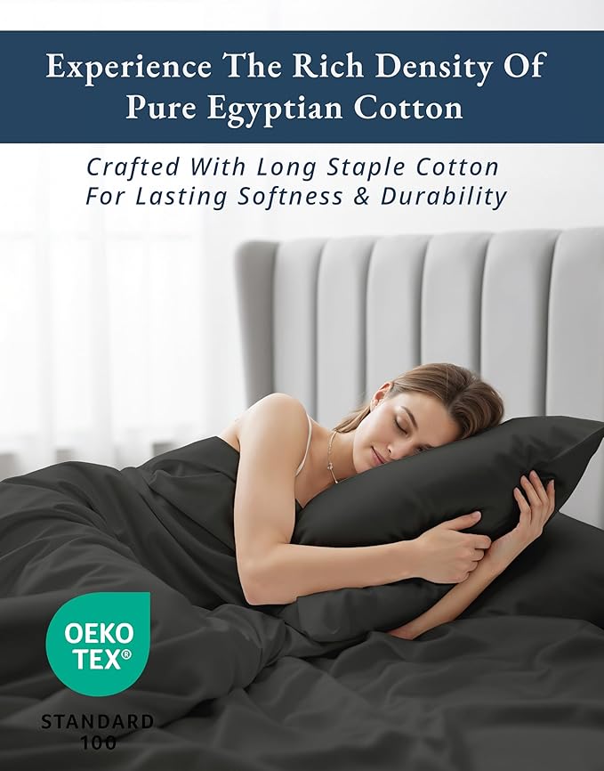 LANE LINEN 100% Egyptian Cotton Cal King Sheets, Long Staple Mercerized Cotton No Pill Fade Resistant Silky Sateen Weave for Soft & Comfy Good Night Sleep, Deep Pocket Fits 15" Mattress - Black