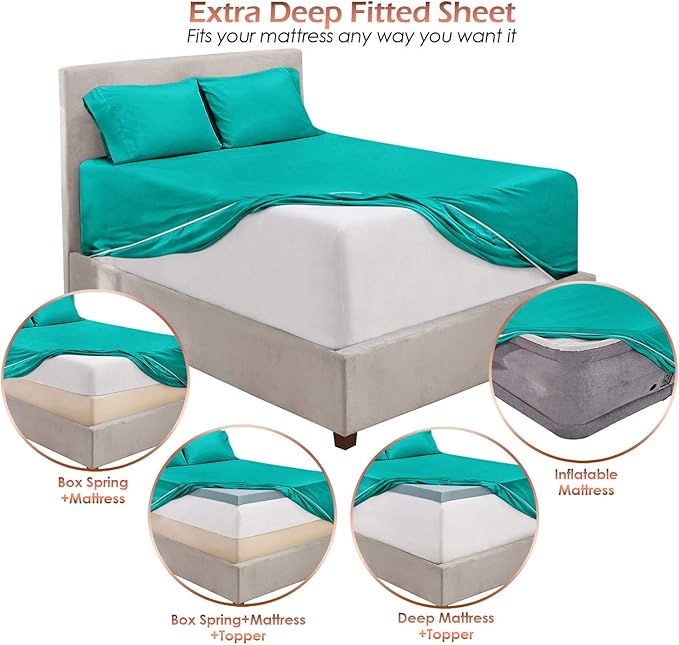 Hearth & Harbor Extra Deep Pocket Sheets - Fits Mattress 18-24 Inches Deep - Extra Deep Pocket California King Size - 6 Piece Cal King Sheets - Cal King, Teal