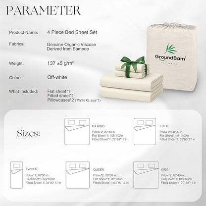 Silver Infused Bed Sheets Set, Temperature-Regulating Fabric with Self-Cleaning Technology for 3X Freshness Sleep, Genuine Organic Viscose Derived from Bamboo (OffWhite, Full XL)