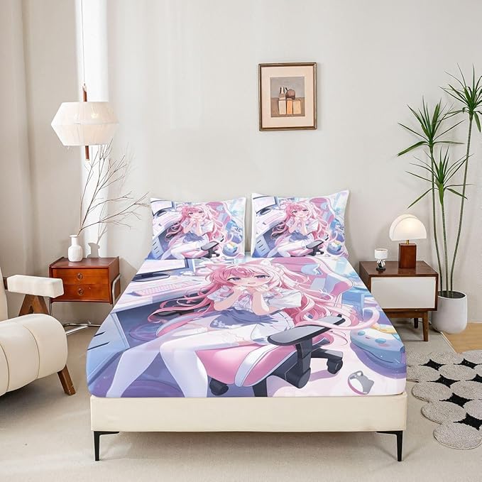 Erosebridal Kawaii Japanese Girl Fitted Sheet for Boys Girls Kids Cartoon Anime Queen Bed Sheets,Girls Gamer Sheets 3D Japanese Style Bedding Sets, No Top Sheet