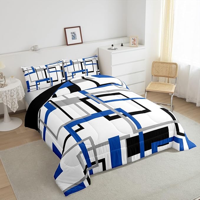 Erosebridal Grid Comforter Set,White Black Grey Blue Square Bedding Set,Geometric Stripes Bold Lines Quilted Duvet Full Warm for Kids Teens Adult,Modern Creative Art Down Comforter with 2 Pillowcases