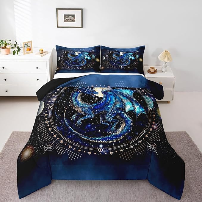 Feelyou Dragon Comforter Set King Size Dragon Stuff Comforter for Boys Girls Teens Luxury Bedding Set Dragon Decor Duvet Set Room Decor Blue Black Quilt Set