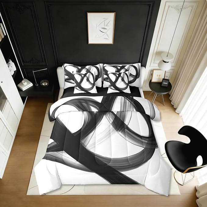 Erosebridal Abstract Modern Black White 7 Piece Comforter Set Full Bed in A Bag Neutral Minimalist Lines Bedding Set for Boys Men Geometric Sheet Set Contemporary Art Simple Quilt Room Decor