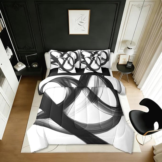Erosebridal Abstract Modern Black White 7 Piece Comforter Set King Bed in A Bag Neutral Minimalist Lines Bedding Set for Boys Men Geometric Sheet Set Contemporary Art Simple Quilt Room Decor