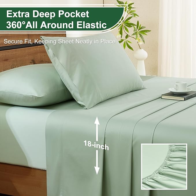 Ivellow 100% Egyptian Cotton Queen Size Sheets Set - 1200 Thread Count 6 PC 18" Deep Pocket Queen Sheets，Luxury Cotton Bed Sheets Soft Breathable Sage Green Cooling Sheet Sets Hotel Quality Bedding