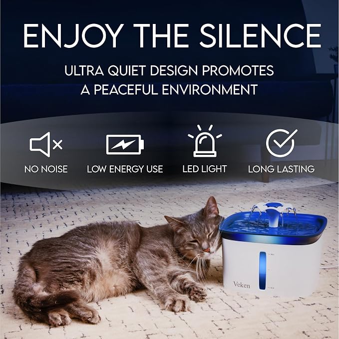 Veken Innovation Award Winner 95oz/2.8L Cat Water Fountain | Automatic Pet Fountain Dog Water Dispenser with 6 Replacement Filters & Silicone Mat for Cats, Dogs, Multiple Pets (Blue)