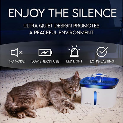 Veken Innovation Award Winner 95oz/2.8L Cat Water Fountain | Automatic Pet Fountain Dog Water Dispenser with 6 Replacement Filters & Silicone Mat for Cats, Dogs, Multiple Pets (Blue)