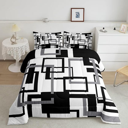 Erosebridal Grid Comforter for Kids Boys Girls,Black and White Bedding Set Full Size,Geometric Pattern Quilt Set Ultra Warm,Buffalo Check Art Duvet Insert with 2 Pillow Shams Bedroom Decor