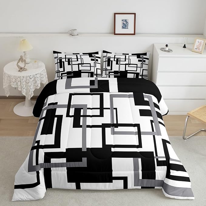 Erosebridal Grid Comforter for Kids Boys Girls,Black and White Bedding Set Twin Size,Geometric Pattern Quilt Set Ultra Warm,Buffalo Check Art Duvet Insert with 1 Pillow Sham Bedroom Decor