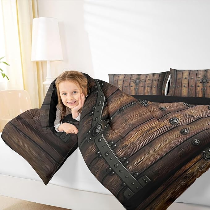 Castle Fairy Medieval Themed Wall Comforter Set,Knight Walls Bedding Set Kids Teens Modern Decor,Retro Wooden Board Comforter with 1 Pillowcase for All Seasons,Twin