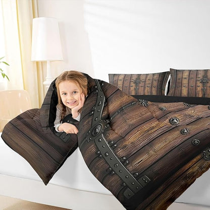 Castle Fairy Medieval Themed Wall Comforter Set,Knight Walls Bedding Set Kids Teens Modern Decor,Retro Wooden Board Comforter with 1 Pillowcase for All Seasons,Twin