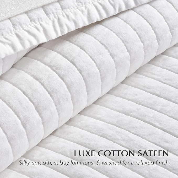 EVERGRACEHOME Cotton Sateen Quilt Set Queen Size, Pre-Washed Cotton Channel Stitch Coverlet Bedspread, 3 Pieces Lightweight Soft Bedding Sets for All Season, with 2 Pillow Shams, Bright White