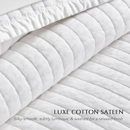 EVERGRACEHOME Cotton Sateen Quilt Set Queen Size, Pre-Washed Cotton Channel Stitch Coverlet Bedspread, 3 Pieces Lightweight Soft Bedding Sets for All Season, with 2 Pillow Shams, Bright White