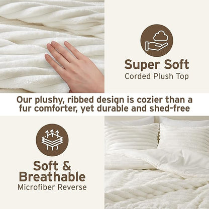 Intelligent Design Twin Comforter Set, Plush Bedding, Microfiber Reverse, 2 Piece, Lightweight, Super Soft Ribbed Velvet Comforter 1 Sham, All Season Fluffy Bed Set, Avril, Twin/Twin XL Ivory