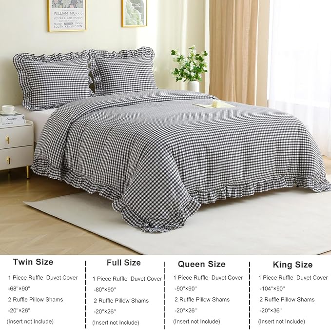 Black/White Checkered Ruffle 3-Piece Duvet Cover Set King Size,Washed Cotton Shabby Gingham Plaid Bedding Set Farmhouse Comforter Set(King,Black/White)