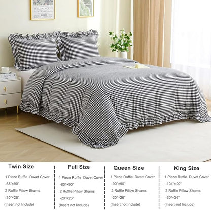 Black/White Checkered Ruffle 3-Piece Duvet Cover Set King Size,Washed Cotton Shabby Gingham Plaid Bedding Set Farmhouse Comforter Set(King,Black/White)