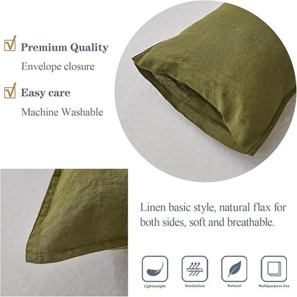 Simple&Opulence 100% Linen Lumbar Pillow Cover 12 x 20 Inches Set of 2 Rectangular Decorative Throw Cushion Cover for Couch Sofa Bed Living Room Office Soft Breathable Farmhouse - Olive Green