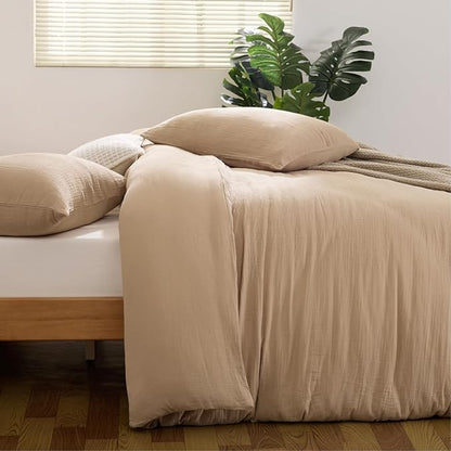 100% Sandwashed Cotton Duvet Cover Queen Size, Soft Queen Duvet Cover Set 3 Pieces with Zipper Clousre & Corner Buttons (Linen, Queen 90 x 90)