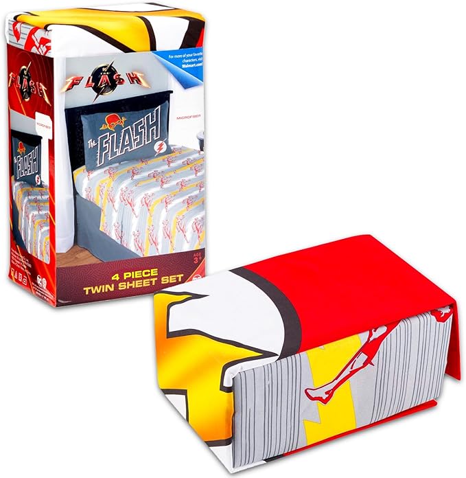 The Flash Bedding Set Full Size Bed - Bundle with DC Comics Flat Sheet, Fitted Sheet, and Pillowcases for Full Bed Plus Stickers, More | The Flash Bedding for Boys