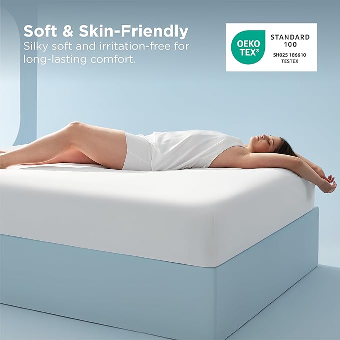 Bedsure Cooling Fitted Sheet Queen Size for Hot Sleeper, Queen Fitted Sheet Only with 360° Elastic Band, Q-Max 0.4, Temperature Regulation Bedding for Night Sweats, 16" Deep (up to 18"), White
