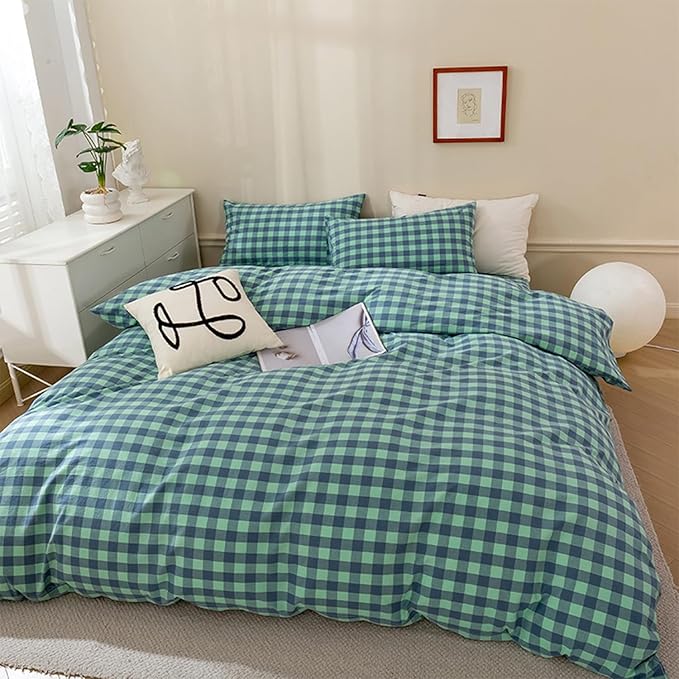 EAVD Queen Comforter Set Green Gingham Comforter Set 3 Pieces Soft Fluffy Cotton Bedding Set with 2 Pillowcases Modern Grid Checkered Plaid Bedding Set for All-Season Lightweight&Breathable