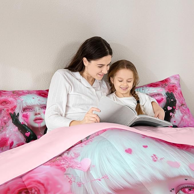 Erosebridal Japanese Girl Comforter Set Pink Rose Floral Flowers Bedding Queen Size Anime Decor Down Comforter, 3D Anime Gifts for Girls Duvet Set with 2 Pillowcases - 3 Pieces