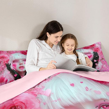 Erosebridal Japanese Girl Comforter Set Pink Rose Floral Flowers Bedding Queen Size Anime Decor Down Comforter, 3D Anime Gifts for Girls Duvet Set with 2 Pillowcases - 3 Pieces