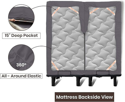 SGI bedding 39" King Split Top Flex Head Sheet Set 1800 Threads Flex Top Sheet for Adjustable Bed 4 Piece Sheet Set 15" Deep Pocket for Sleep Number Bed - Dark Gray