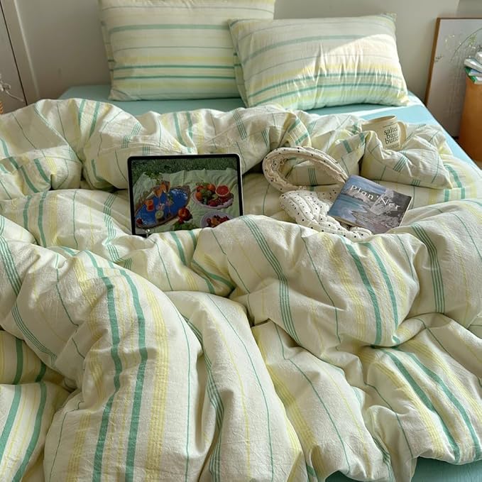 EAVD Retro Striped Duvet Cover Set Queen Size Soft 100% Cotton Vintage Yellow Green Stripes Pattern Bedding Set with 2 Pillowcases Reversible Farmhouse Geometric Printed Duvet Cover with Zipper