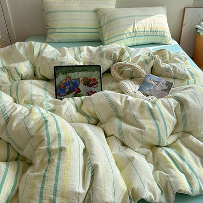 EAVD Retro Striped Duvet Cover Twin Size Soft 100% Cotton Vintage Yellow Green Stripes Pattern Bedding Set with 2 Pillowcases Reversible Farmhouse Geometric Printed Duvet Cover with Zipper