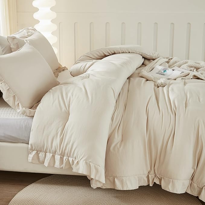 Litanika Comforter Twin Size Set Beige, 2 Pieces Ruffle Lightweight Bedding Comforter Set, Fluffy Bed Set (66x90In Comforter, 1 Pillowcase)