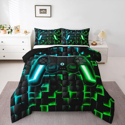 Erosebridal Gaming Full Comforter Set for Boys Kids Gamer Bedding Sets 3D Geometric Ombre Gamepad Bed Comforter Set for Teen Men Neon Lights Video Game Quilt Duvet Soft Lightweight for All Season