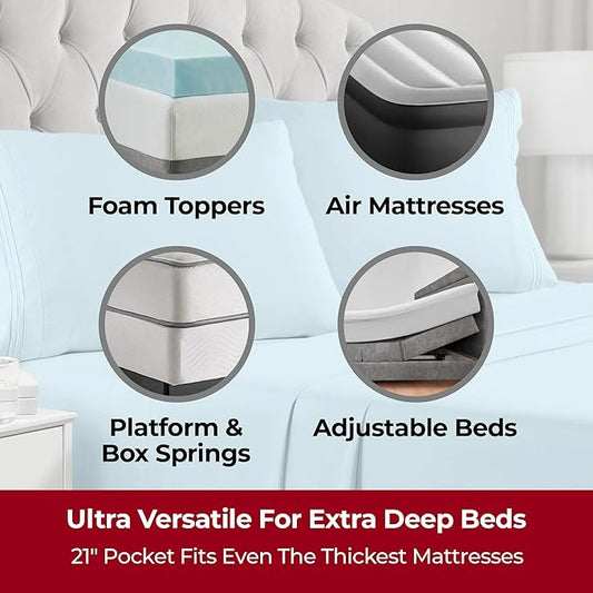 Mellanni Extra Deep Split King Sheets - 5 PC Iconic Collection Bedding - Hotel Luxury, Ultra Soft, Cooling Bed Sheets - Wrinkle, Fade, Stain Resistant (Split King, Aqua)