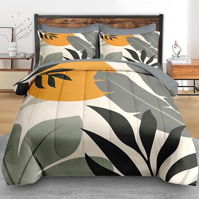 Comforter Set Twin Size, Tropical Palm Leaves 5 Pcs Bedding for Kids and Adults, Vintage Monstera Bed Sheet Sets with Fitted Sheet Pillowcase & Sham for Bedroom Bed Decor