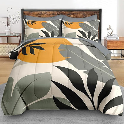 Comforter Set Twin Size, Tropical Palm Leaves 5 Pcs Bedding for Kids and Adults, Vintage Monstera Bed Sheet Sets with Fitted Sheet Pillowcase & Sham for Bedroom Bed Decor